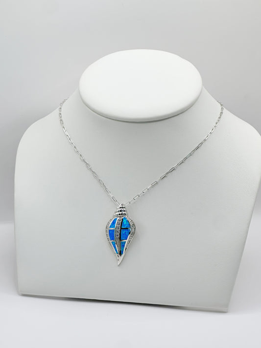 Cadena Paper Clip, Charm Concha de Mar con Ópalo Azul, Zirconia Blanca, Plata 925, Rhodium Plated
