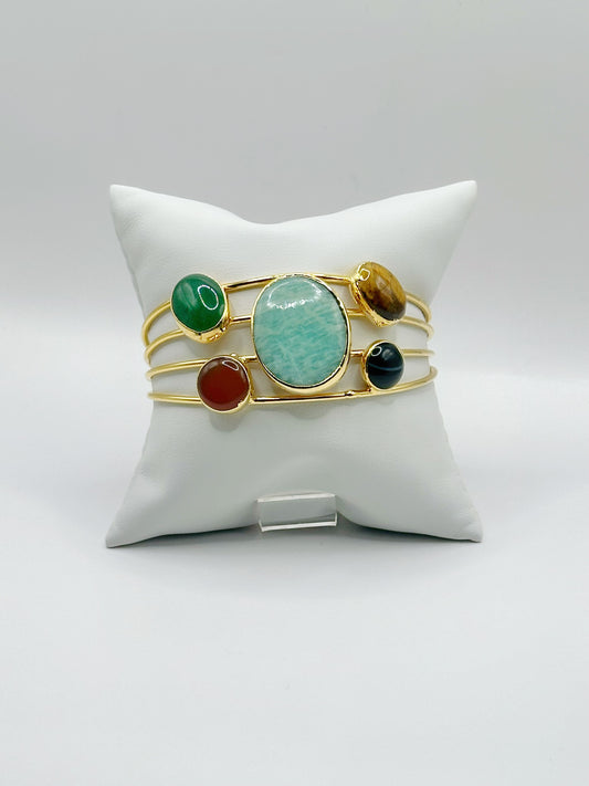 Pulsera Cuff, Piedras Bezel, Amozonita, Ágata Verde, Cornalina, Ojo de Tiegre y Ónix, Brass