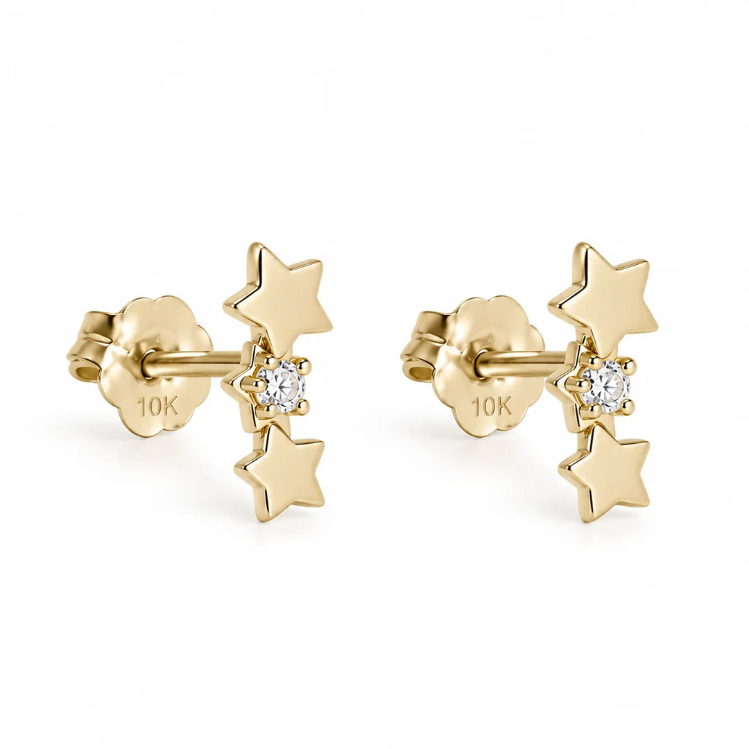 10K Push Back Small Triple Star Bar. Two Stars Plain, And One With Lab Diamond