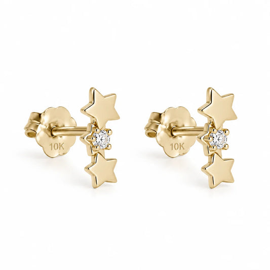 10K Push Back Small Triple Star Bar. Two Stars Plain, And One With Lab Diamond