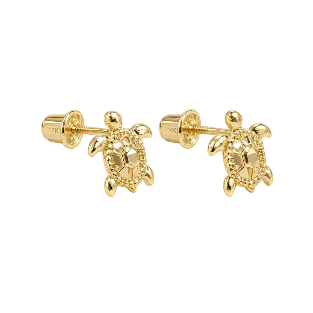 14K Korean Screw Back Earrings: Engraved Turtle.