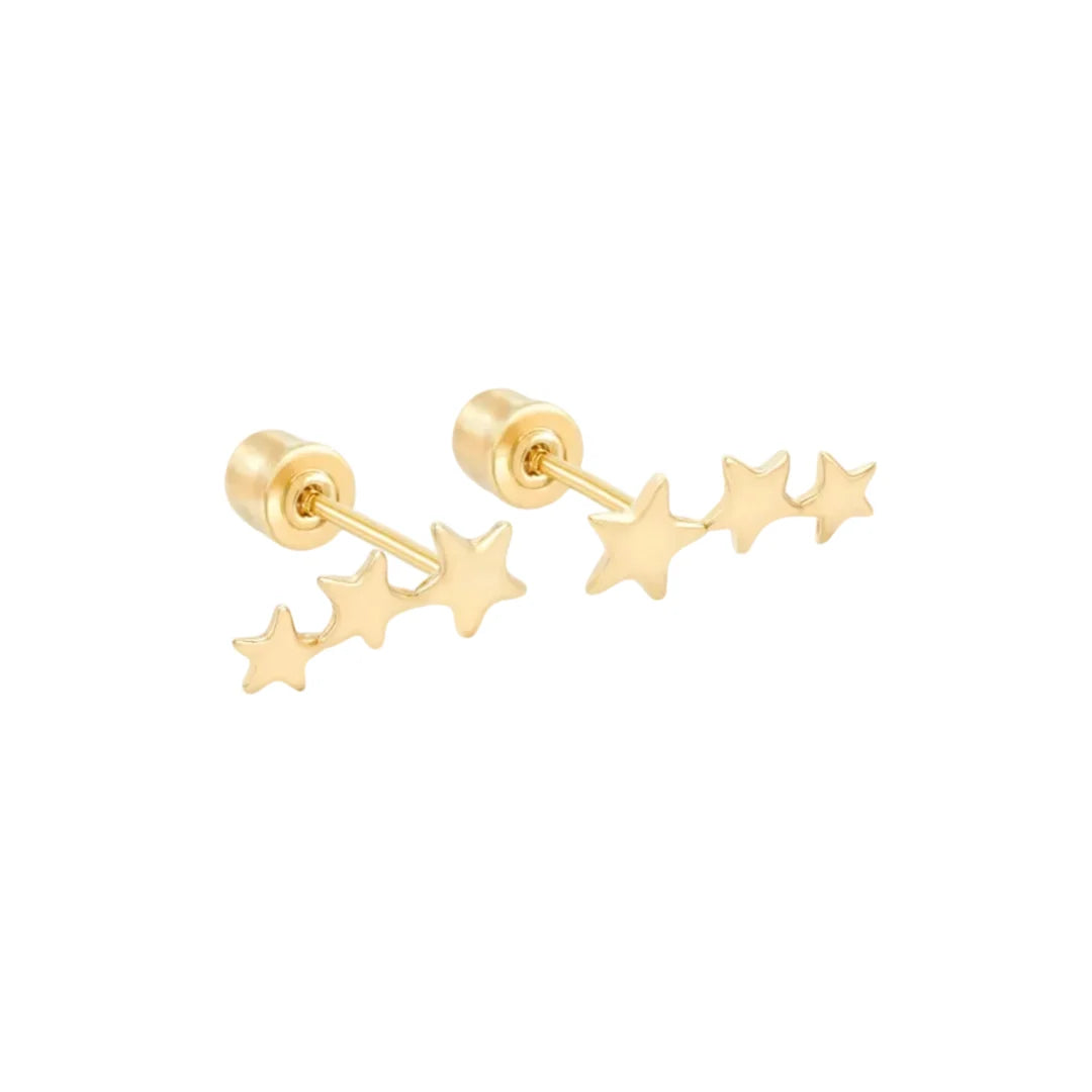 14K Korean Screw Back Stud Earrings: Triple Star Curve Bar.