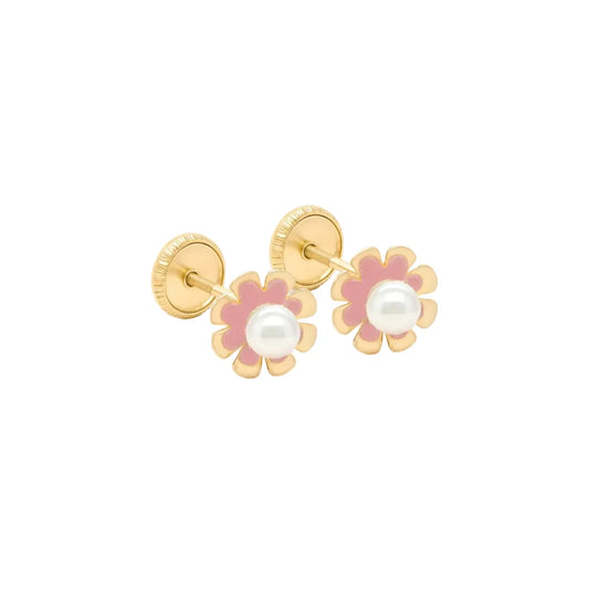 14K Spanish Screw Back Earrings: Pink Enamel Flower Bezel With a Pearl In The Center.