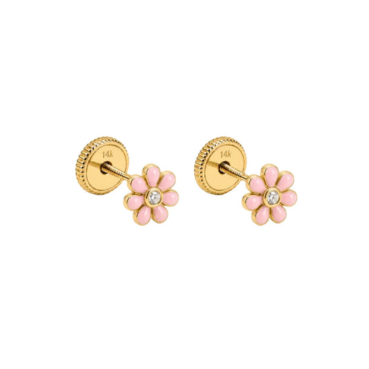 14K Spanish Screw Back Earrings: Pink Enamel Seven-Petal Flower With Cubic Zirconia (CZ) In The Middle.
