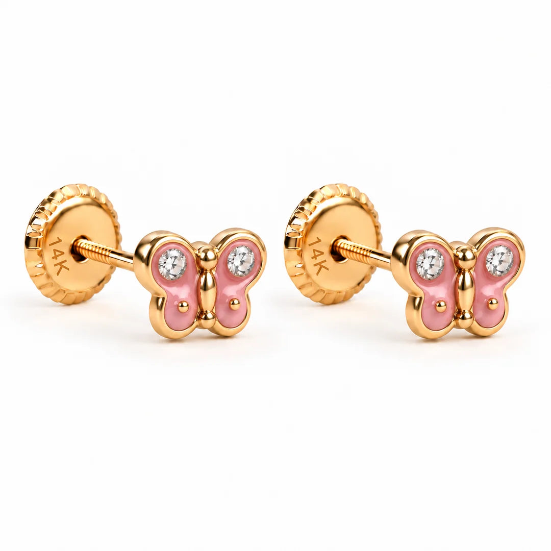 14K Spanish Screw Back Earrings: Pink Enamel Butterfly With Pave Cubic Zirconia (CZ).