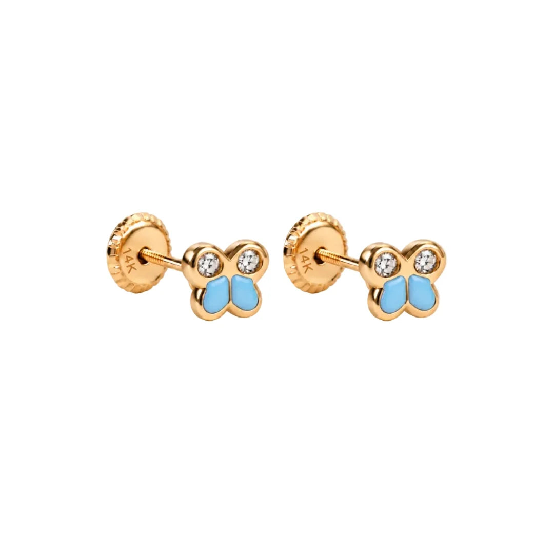14K Spanish Screw Back Earrings: Light Blue Enamel Butterfly With Two Cubic Zirconia (CZ)