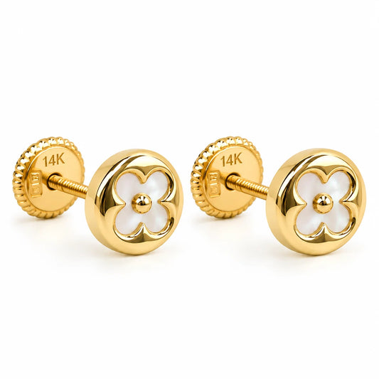 14K Spanish Screw Back Earrings: 5.4mm Four-Petal Mother Of Pearl Flower With Round Bezel