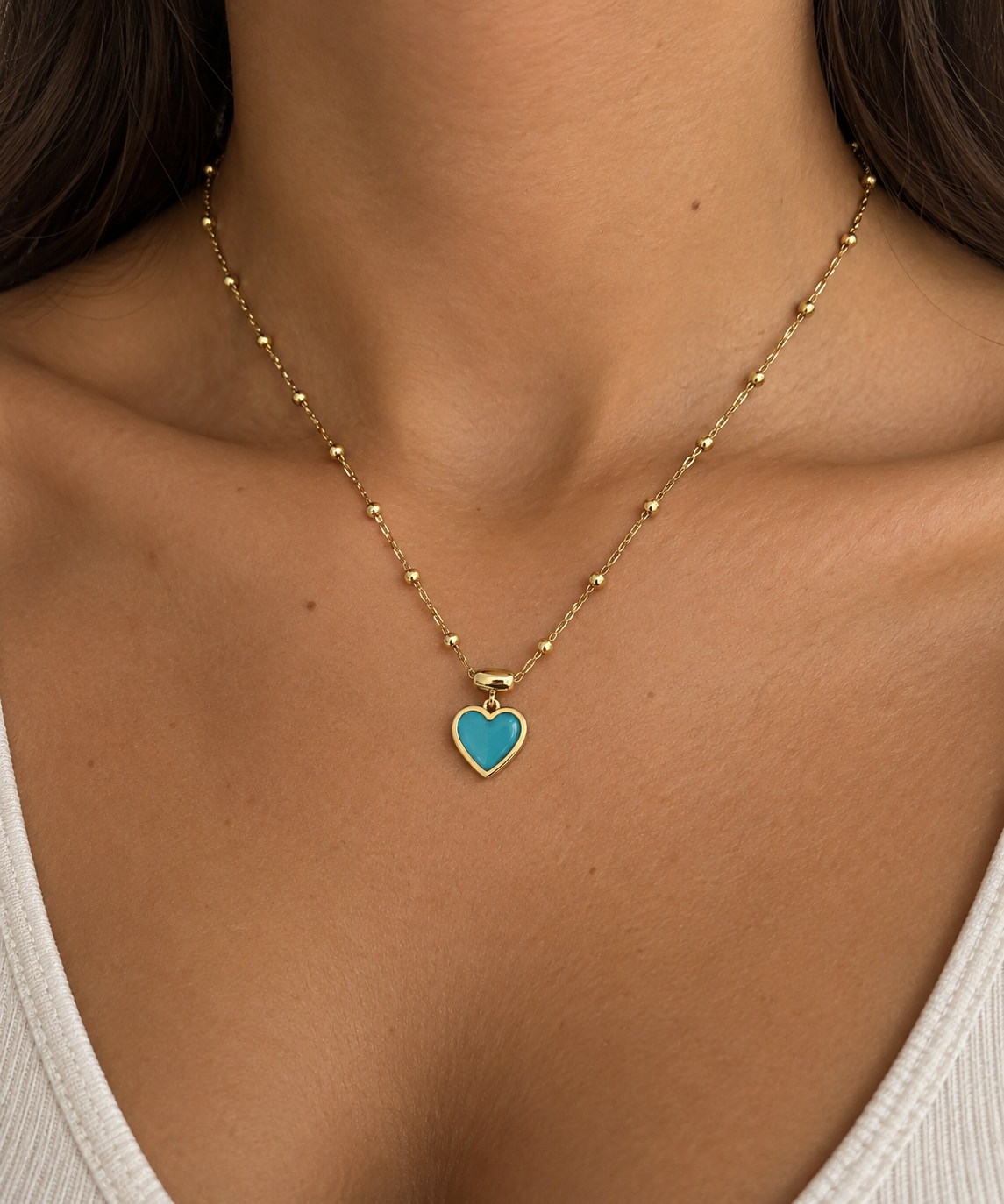 Cadena Oro 14kt Ball Chain Corazón- Enamel Turquesa 18"