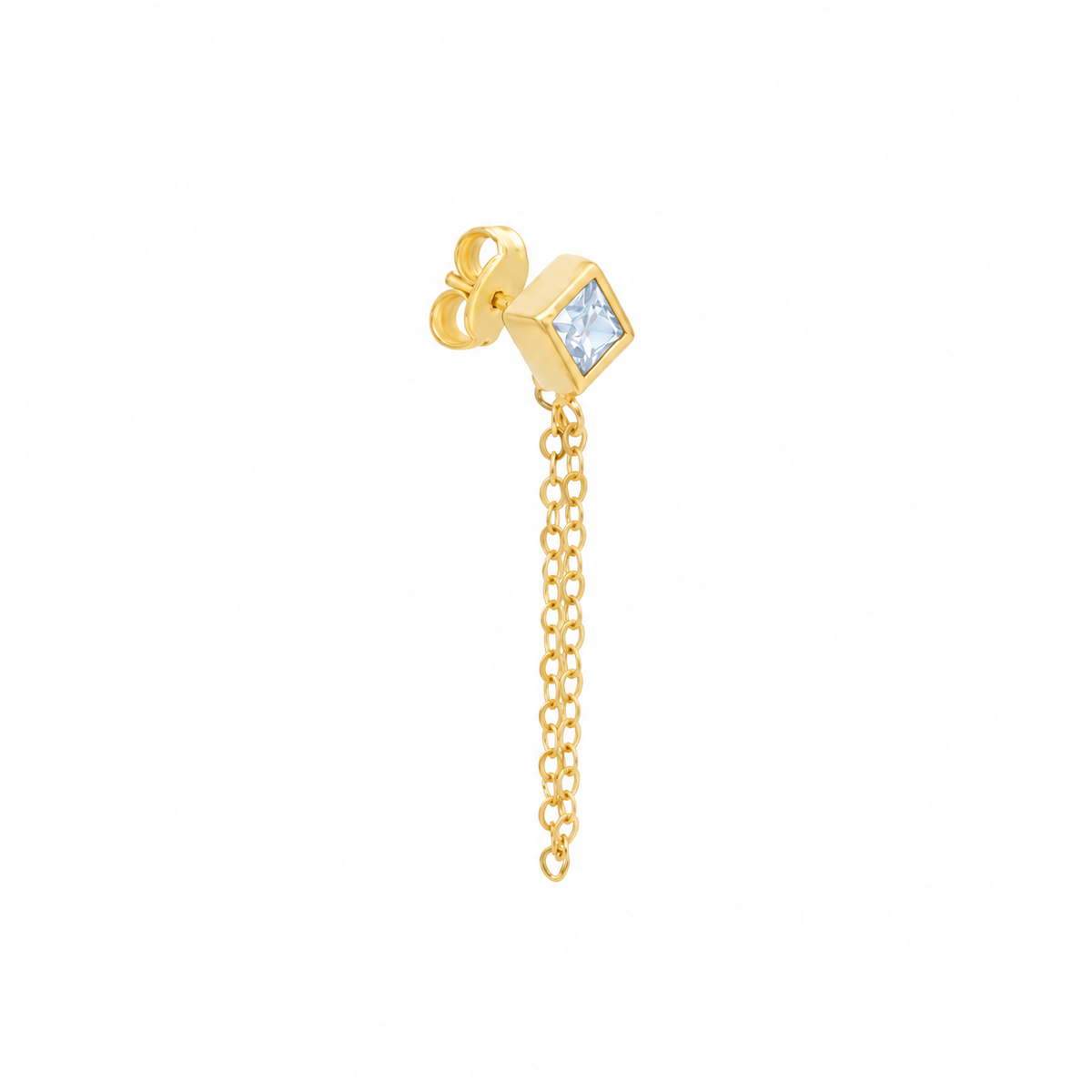14K Push Back Earrings: Diamond-Shape Bezel Cubic Zirconia (CZ) With Chain Drop.
