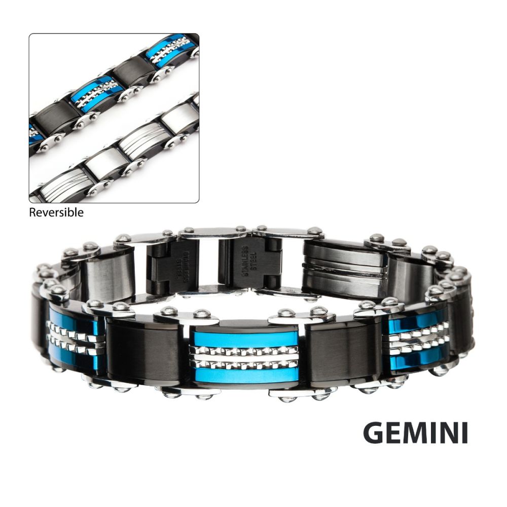 INOX Double Sided Stainless Steel Black IP & Blue IP Reversible Bracelet