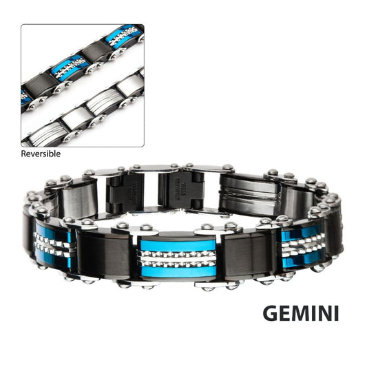 Double Sided Stainless Steel Black IP & Blue IP Reversible Bracelet