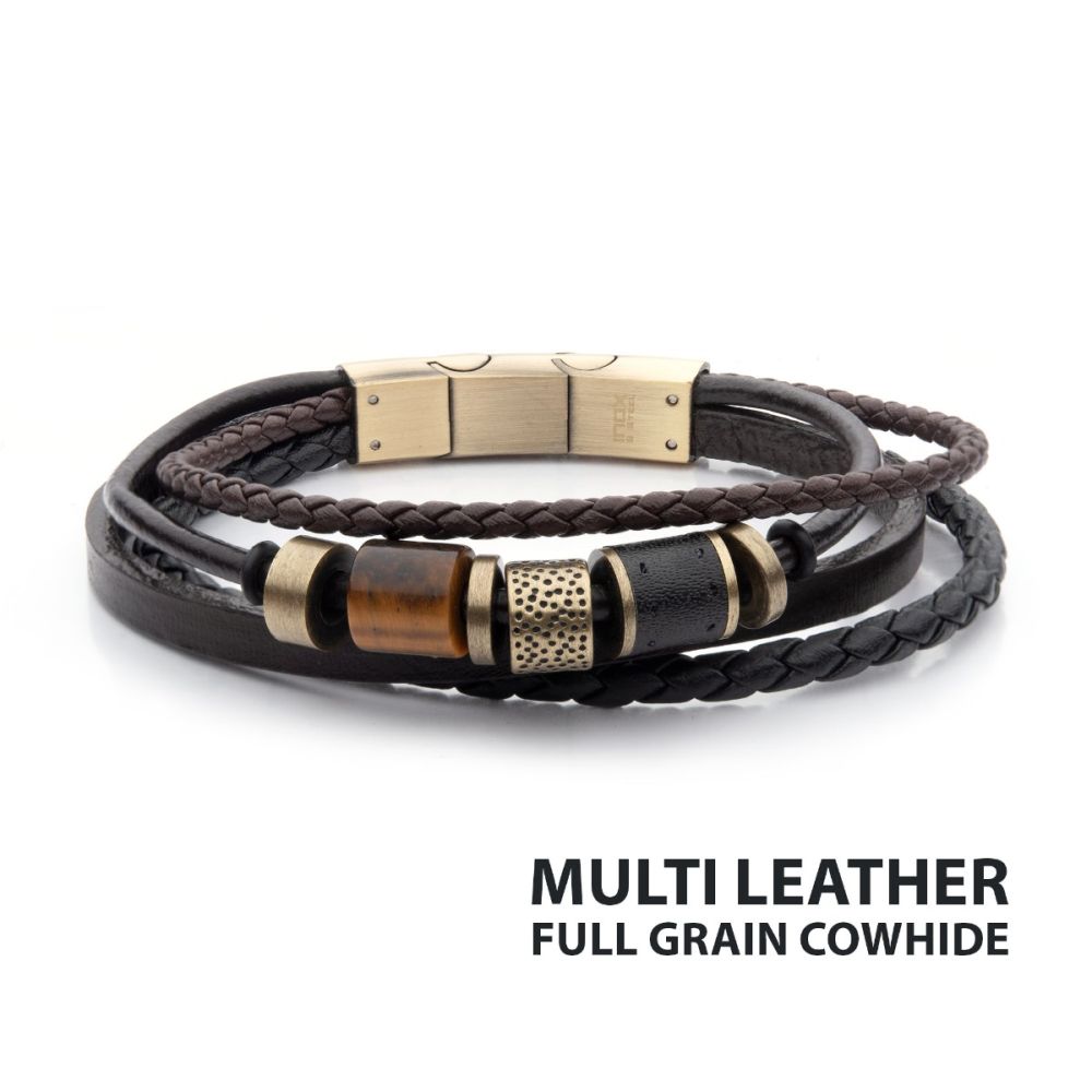 INOX Black & Brown Leather with Tiger's Eye Stone Bead Multi-Strand Bracelet