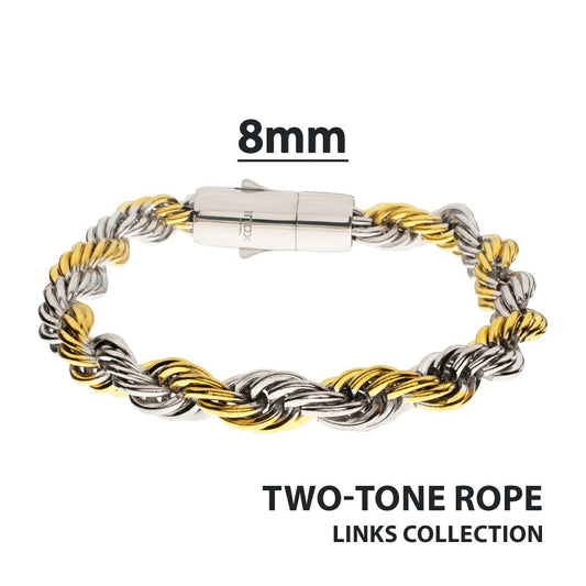 INOX 8mm 18Kt Gold IP Steel Two-Tone Rope Chain Bracelet