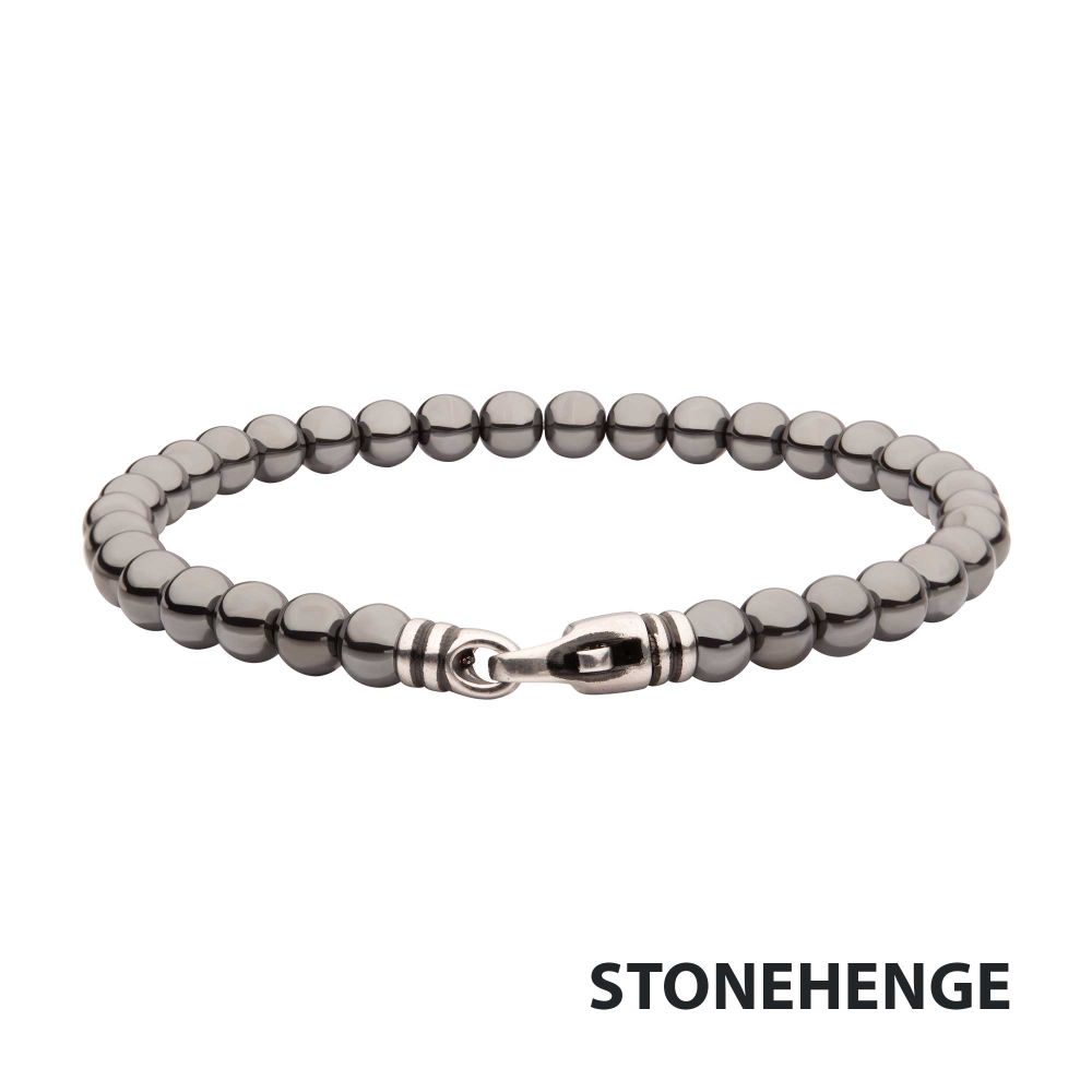 INOX 6mm Hematite Stone Bead Bracelet with Antiqued Stainless Steel Clasp