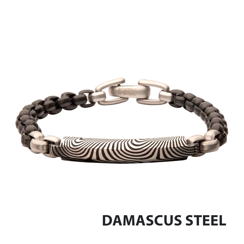 INOX Black IP Steel Box Chain Bracelet with Damascus Steel Plate
