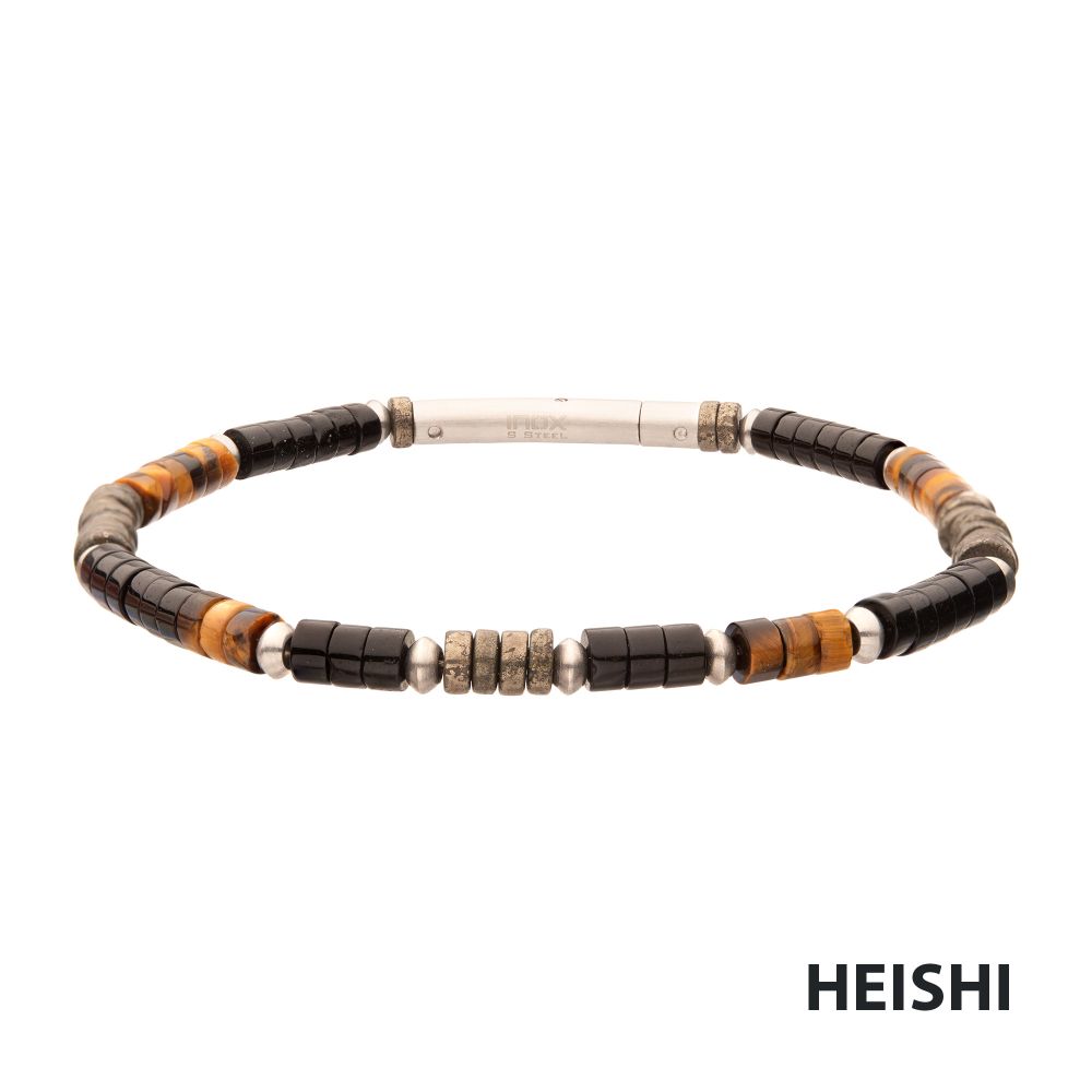 INOX Pyro Sentinel (Onyx / Pyrite / Tiger-eye) Heishi Bead Bracelet