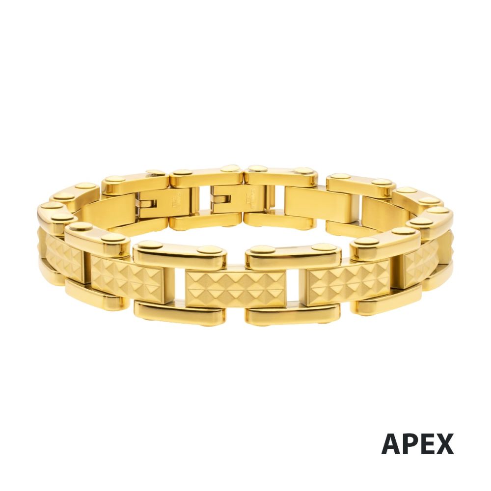 18Kt Gold IP Steel with Matte Finish Pyramid Stud Pattern & High Polished Finish Link Bracelet