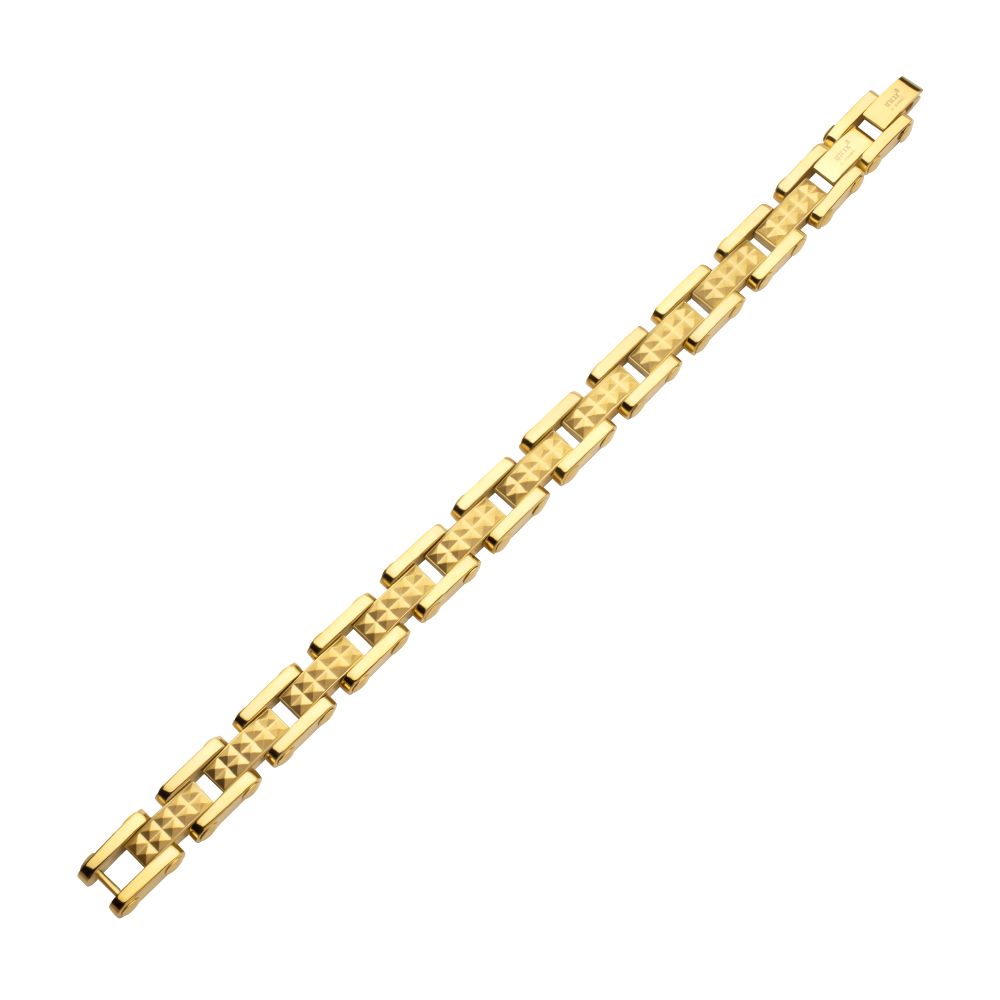 18Kt Gold IP Steel with Matte Finish Pyramid Stud Pattern & High Polished Finish Link Bracelet
