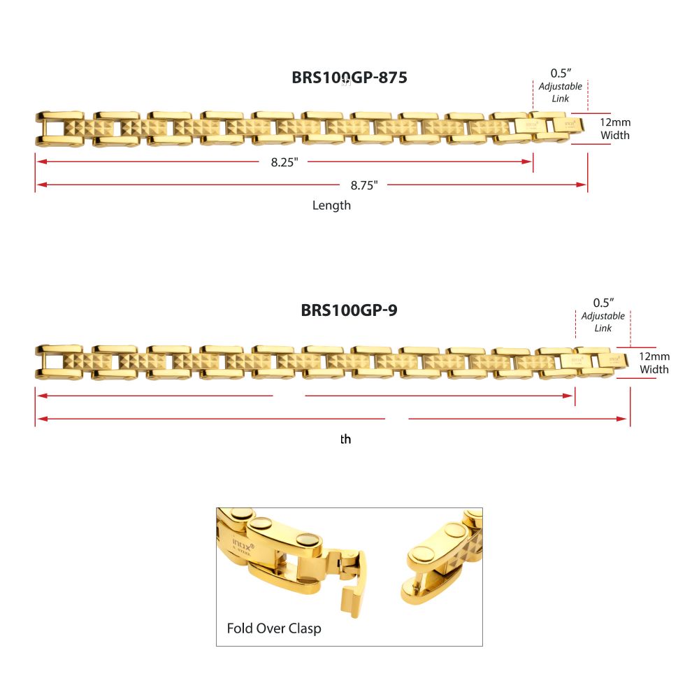 18Kt Gold IP Steel with Matte Finish Pyramid Stud Pattern & High Polished Finish Link Bracelet