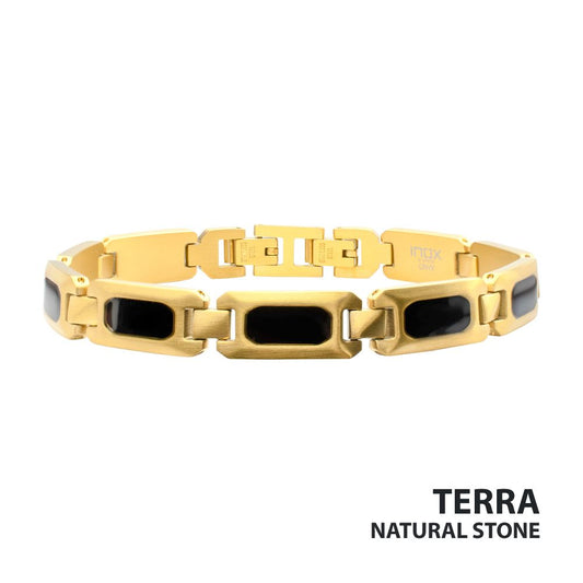 18Kt Gold IP Matte Finish Steel Black Onyx Stone Inlay Sizeable Link Bracelet