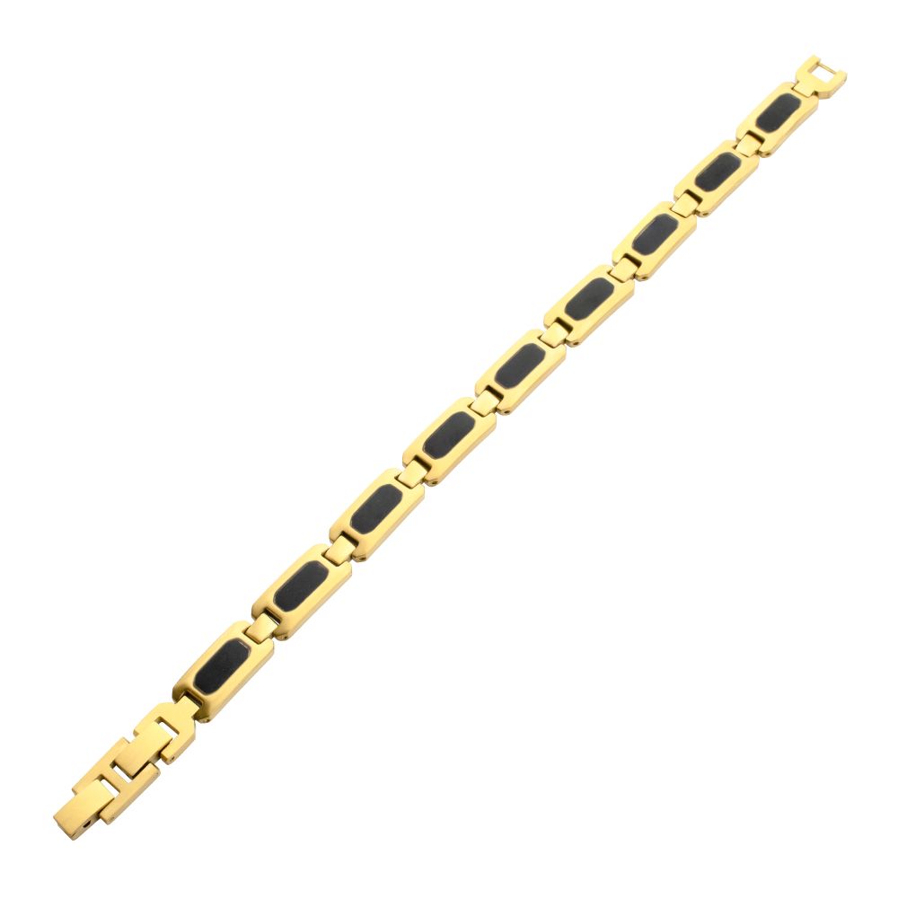 18Kt Gold IP Matte Finish Steel Black Onyx Stone Inlay Sizeable Link Bracelet