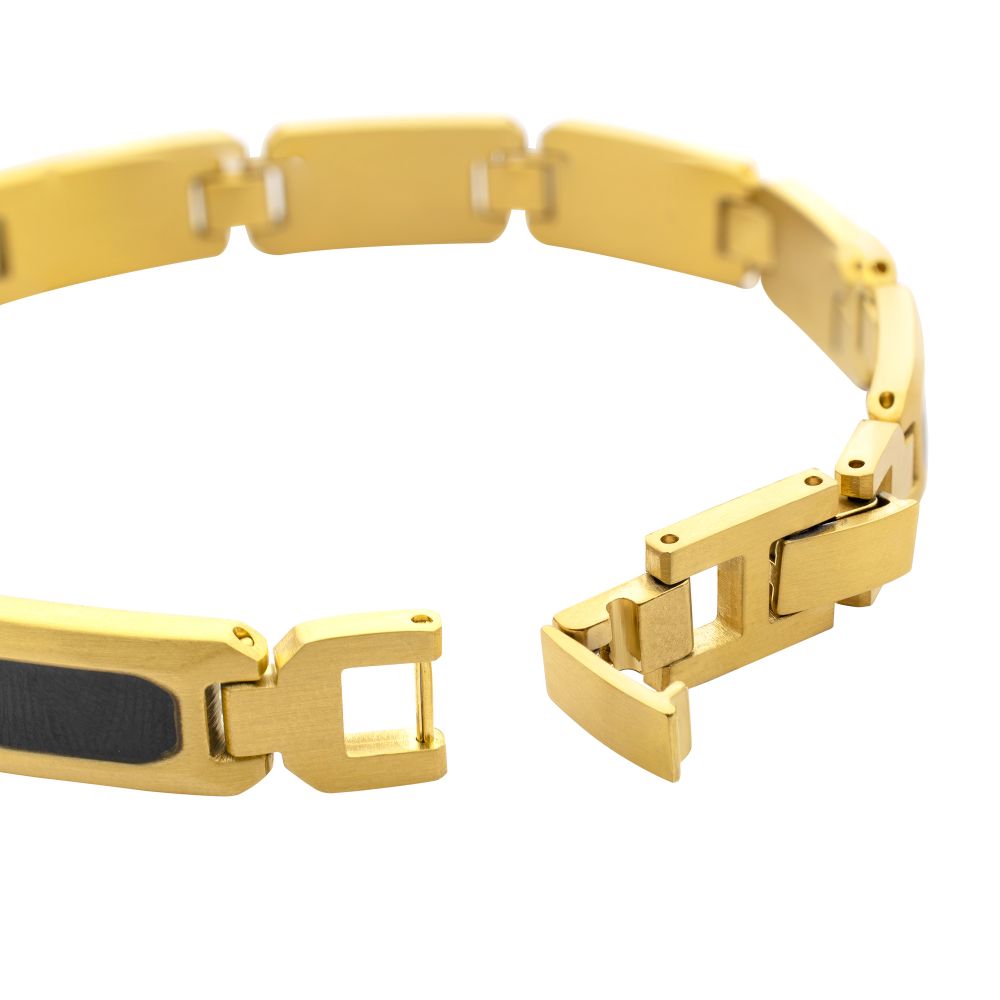 18Kt Gold IP Matte Finish Steel Black Onyx Stone Inlay Sizeable Link Bracelet