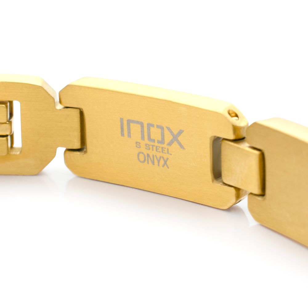 18Kt Gold IP Matte Finish Steel Black Onyx Stone Inlay Sizeable Link Bracelet