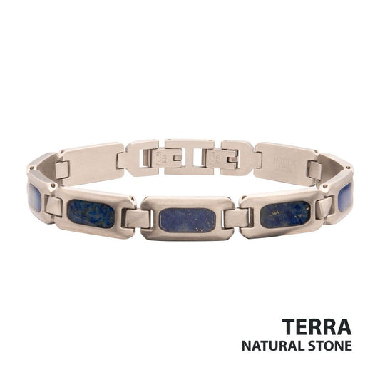 Matte Finish Stainless Steel Lapis Lazuli Stone Inlay Sizeable Link Bracelet