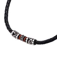 Black Full Grain Cowhide Leather with Red Orange Steel Necklace