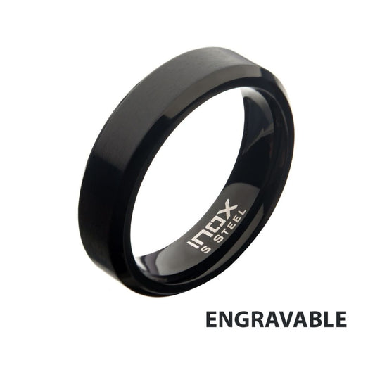 6mm Matte Stainless & Black IP Beveled Wedding Band Ring