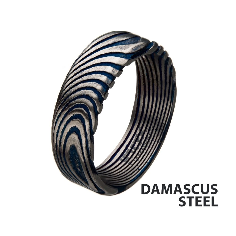 7mm Matte Finish Blue IP Damascus Steel Band Ring