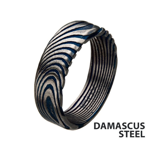 7mm Matte Finish Blue IP Damascus Steel Band Ring