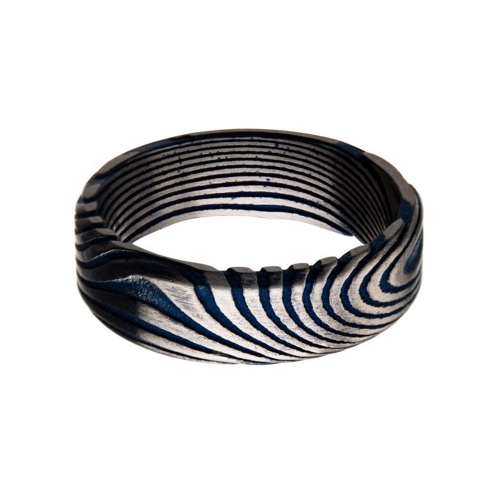 7mm Matte Finish Blue IP Damascus Steel Band Ring