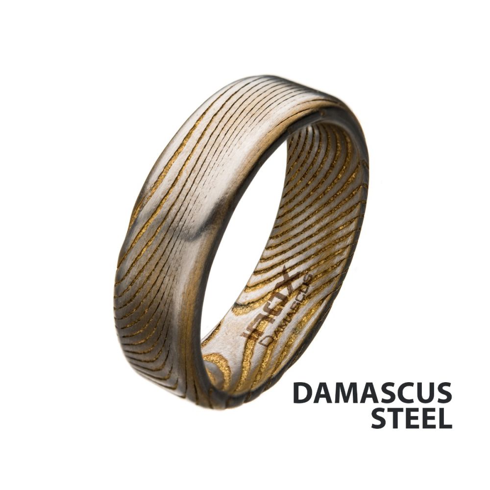 7mm Matte Finish Gold IP Damascus Steel Band Ring