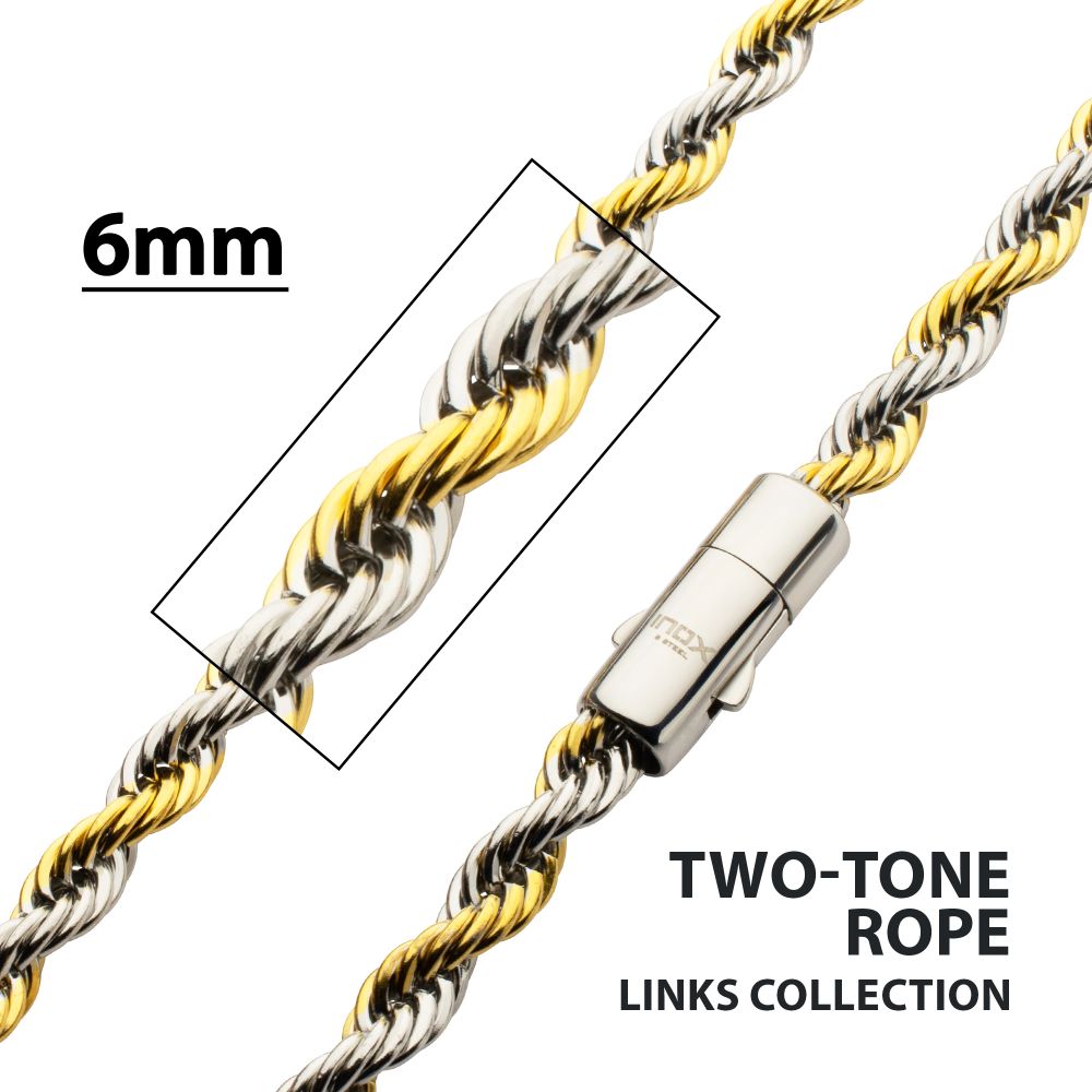 INOX 6mm 18Kt Gold IP Steel Two-Tone Rope Chain Necklace