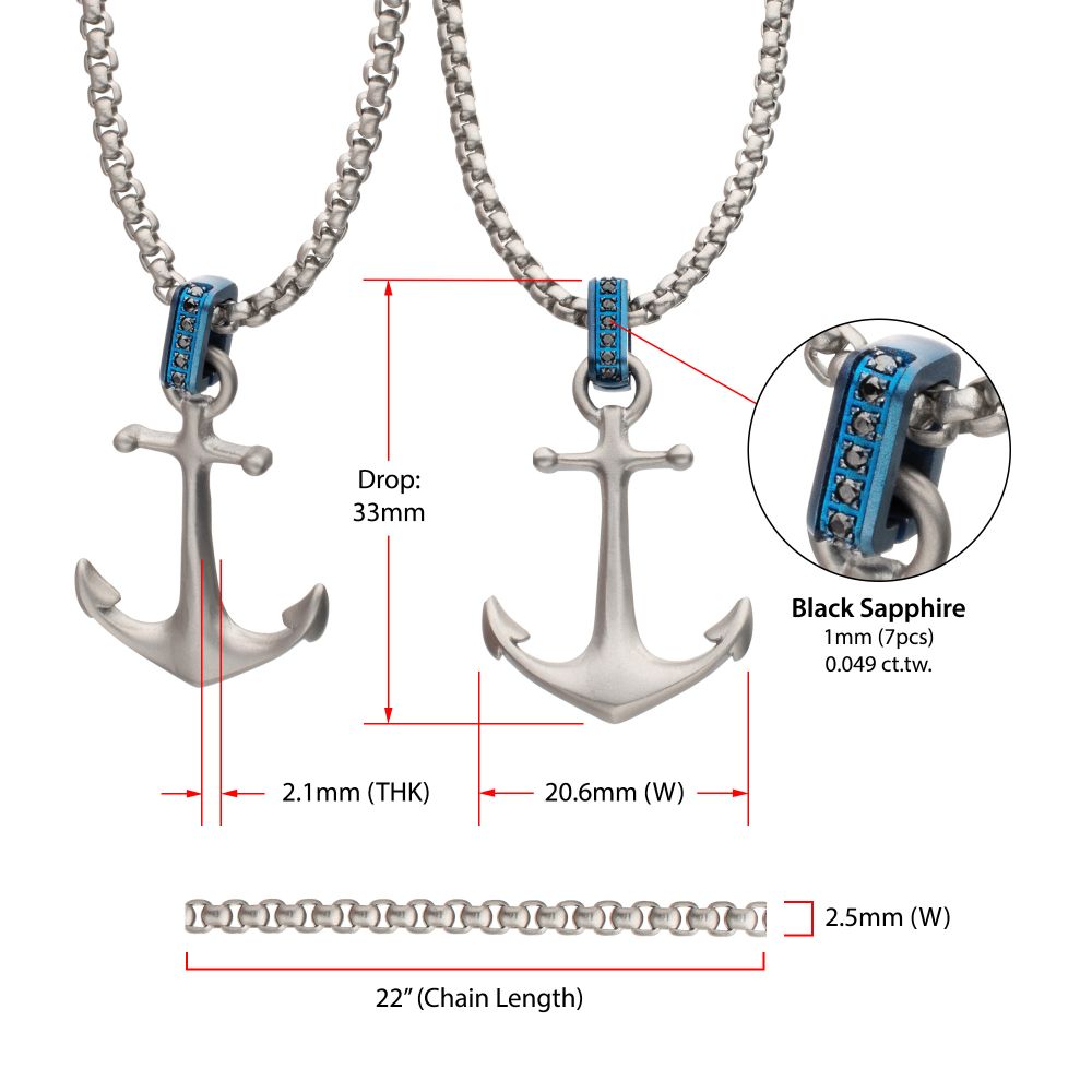 OCEAN STEED: Matte Finish Steel Blue Bail with Black Sapphire Anchor Pendant