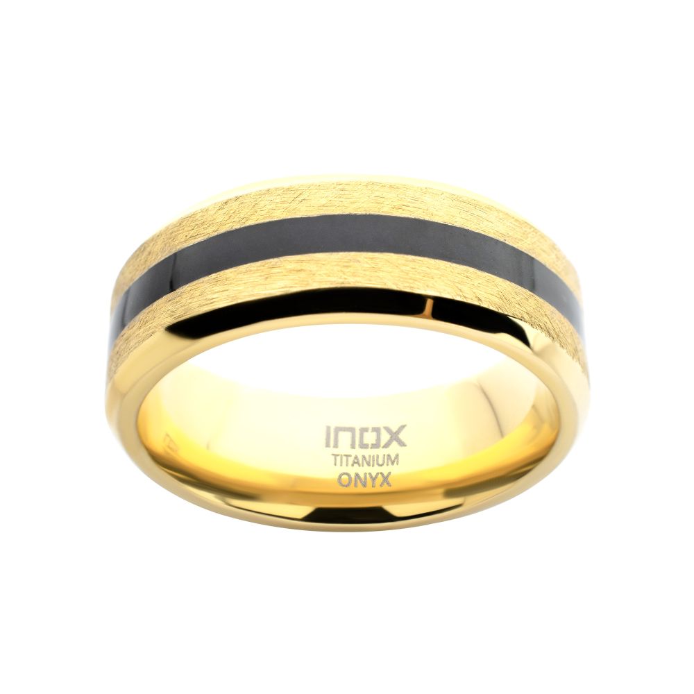 18Kt Gold IP Titanium Matte Black Onyx Stone Inlay Comfort Fit Ring