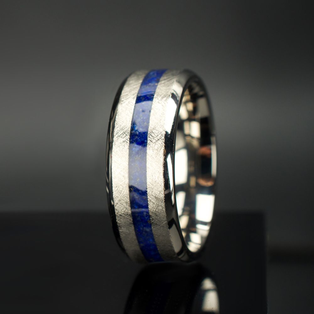 Matte Finish Titanium Lapis Lazuli Stone Inlay Comfort Fit Ring