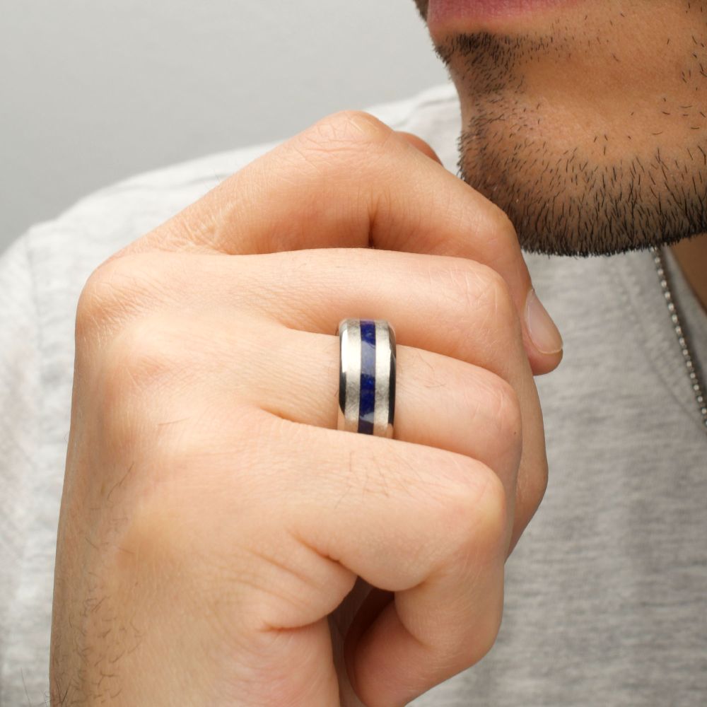 Matte Finish Titanium Lapis Lazuli Stone Inlay Comfort Fit Ring