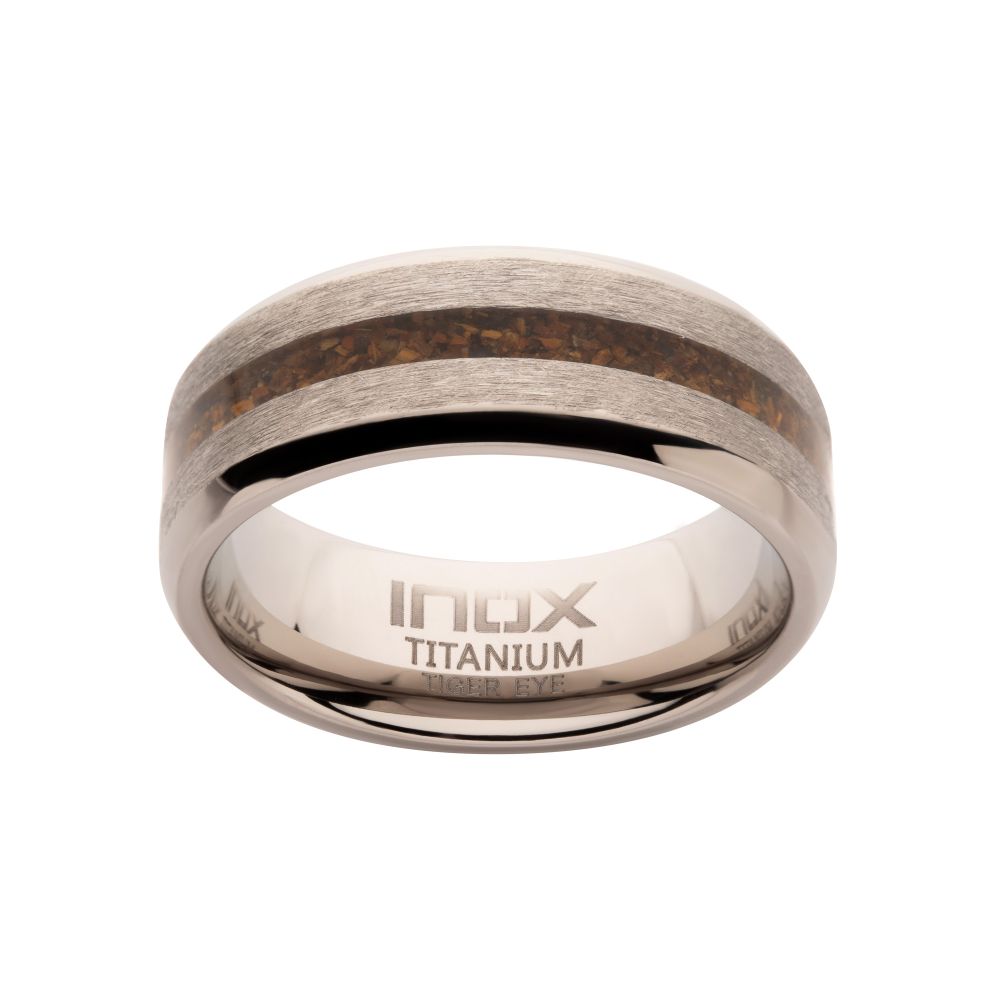 Matte Finish Titanium Tiger Eye Stone Inlay Comfort Fit Ring